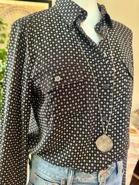 LOFT Black Button-Up Shirt with White Diamond Print